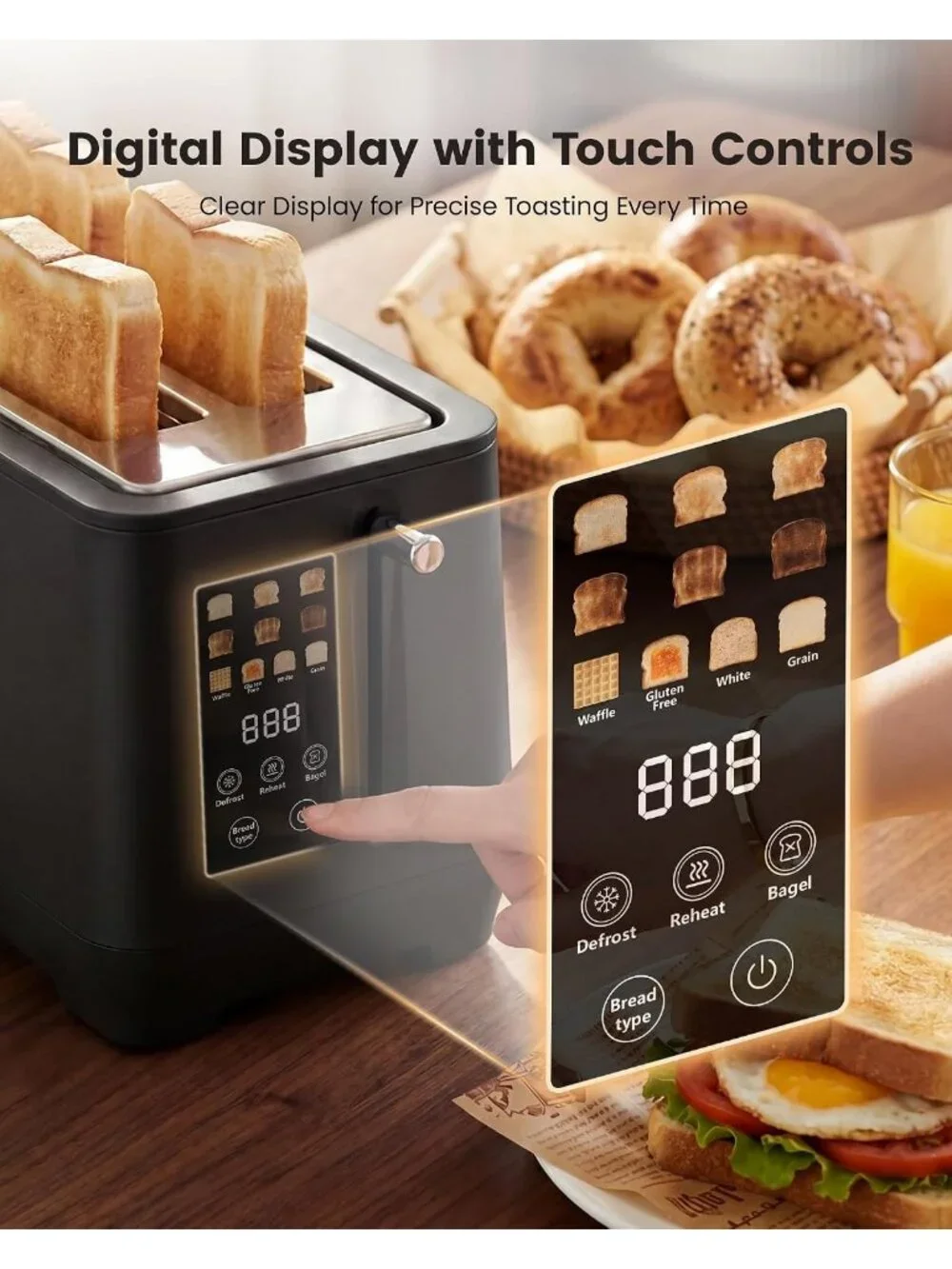 4 Slice Black Long Slot Touch Screen with Digital Countdown Retro Toaster